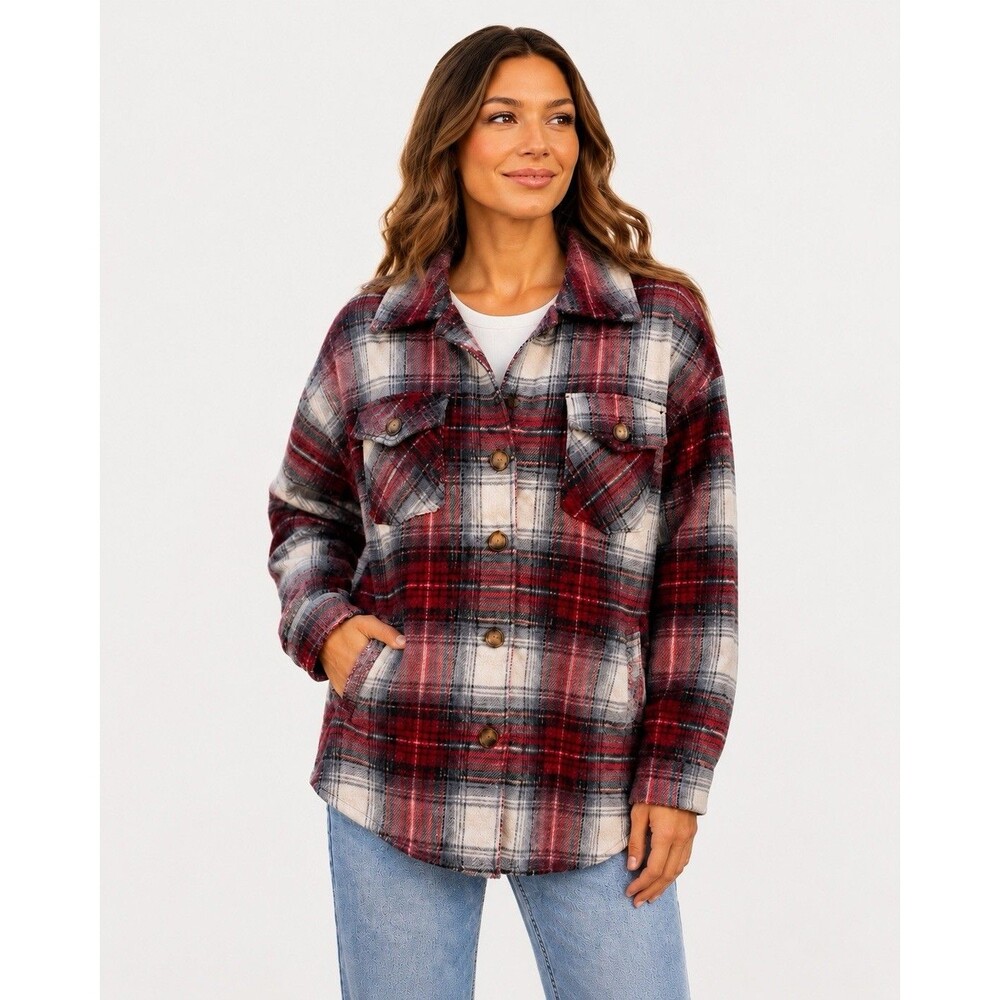 Veveret Womens Plaid Shacket Size M Red Gray Flannel Shirt Jacket Oversized